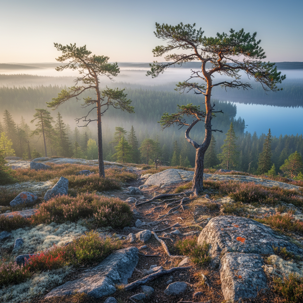 Kolin mäntymetsä – aamusumuinen polku vanhojen puiden välissä